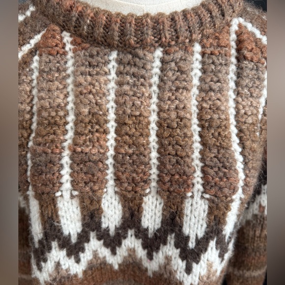 Mango Brown & White Wool Blend Knit Sweater Fair Isle Chunky Outdoorsy Earthy - Picture 5 of 13